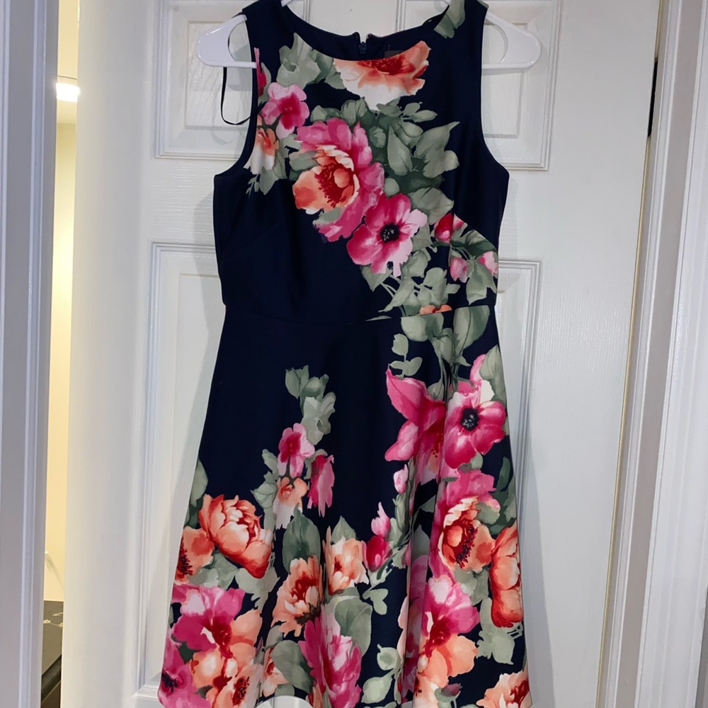 Navy and floral A-line dress